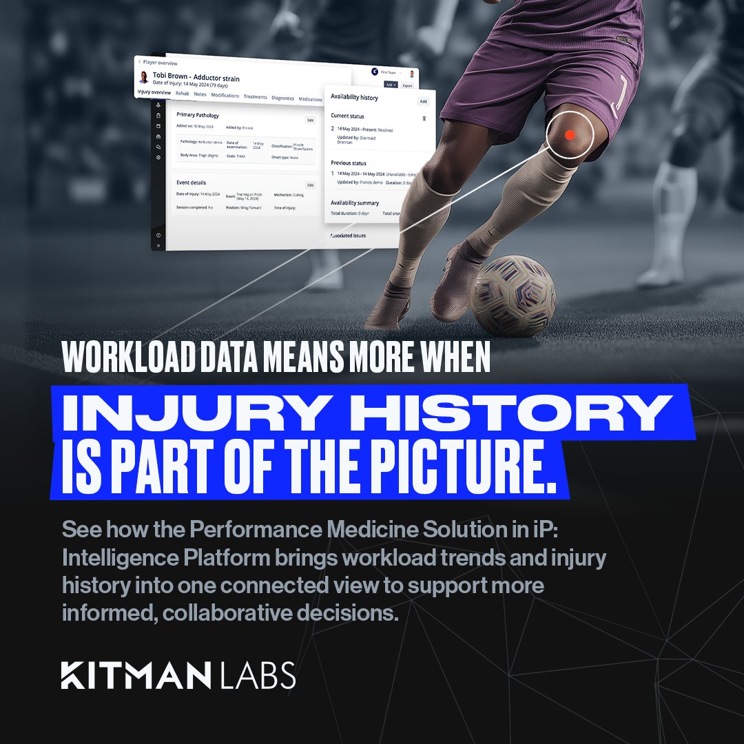 KitmanLabs's tweet image. Workload is never the whole story behind injury. But it's always part of it.

iP: Intelligence Platform brings workload trends + injury history into one view, so medical staff can see the full picture. 

🔗 bit.ly/48NM4Cq

#SportsMedicine #InjuryPrevention