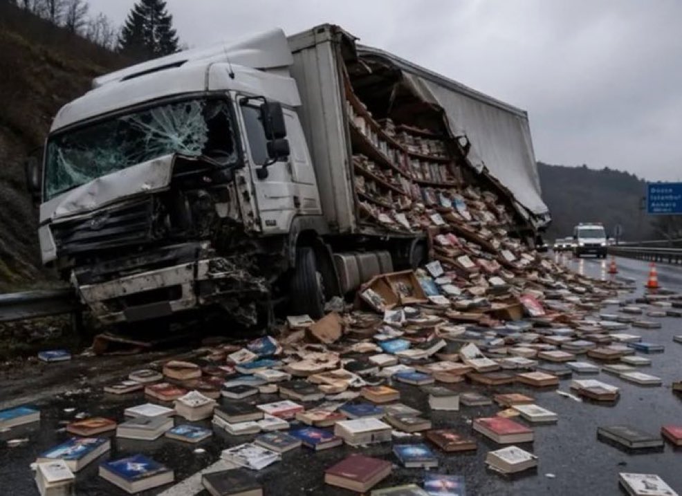 Kitap taşıyan bir kamyon devrildi

Ve hiçbir yağmacı çıkmadı.
Okuyan çalmaz
Hırsızlar zaten okumaz.