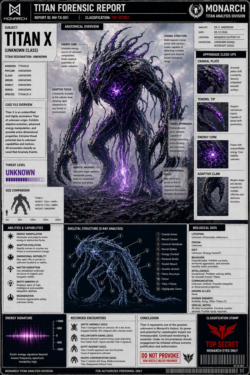 dot_ragnar's tweet image. 5/ Titan X 🧬

Unknown. Unclassified. Unpredictable.

Probably the most terrifying one — looks like something from another dimension.
#AIart #ChatGPT #MonsterVerse #Godzilla #Kong #AIGenerated #Midjourney #AIImages