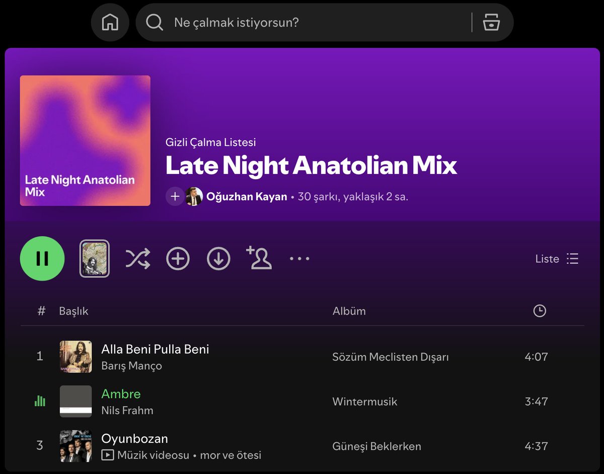claude'a spotify connector'u gelmiş. hemen kendime özel bir playlist oluşturttum.

open.spotify.com/playlist/7jFTJ…