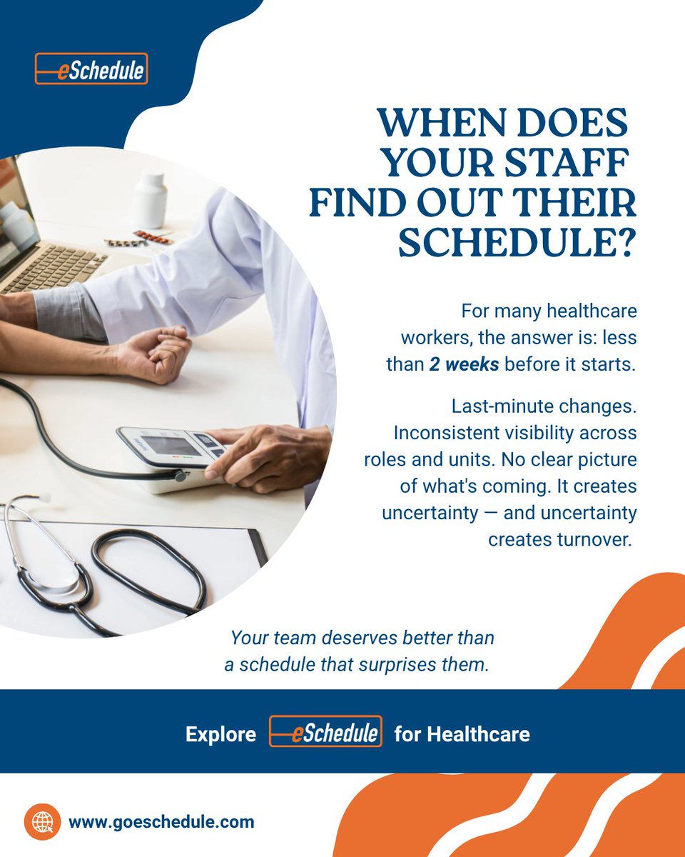 When do your healthcare staff get their schedule? Often <2 weeks—and that uncertainty drives turnover. Your team deserves better. → goeschedule.com 

#eSchedule #HealthcareScheduling #NurseLife #WorkforceManagement #ShiftScheduling #HealthcareLeaders #StaffingChallenges