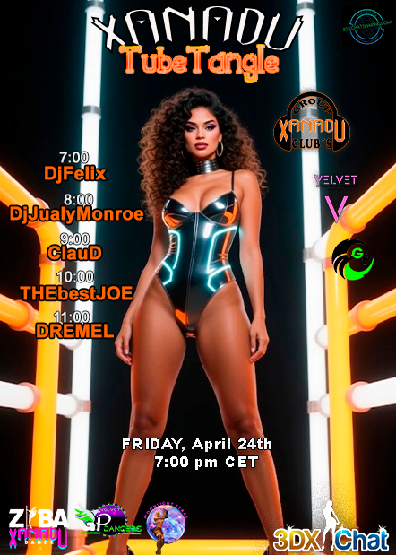 ⚡ ＸＡＮＡＤＵ™ 》ＴＵＢＥ ＴＡＮＧＬＥ《
Neon lines, electric heat, and a night wired for pure energy. Friday April 24th, 7:00 pm CET at <a href="/3dxchat/">3DXChat</a>.
Step into the lights… and let the rhythm take control.
#Xanadu #TubeTangle #3DXChat #Party #Dance #House
