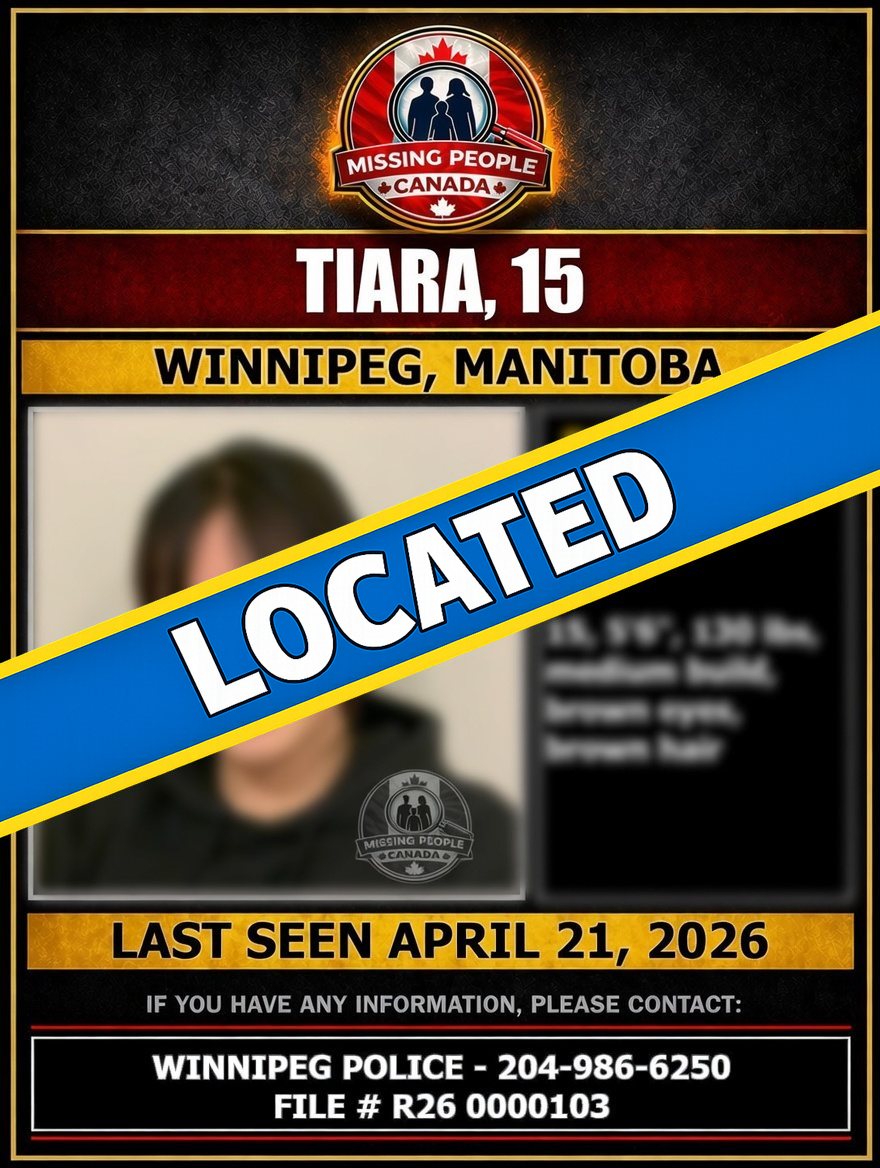 Missing_CA's tweet image. ✅ LOCATED – TIARA

Tiara, 15, who was reported missing in Winnipeg, Manitoba, has been located.

Thank you to the community for your assistance.

#Located #Tiara #Winnipeg #Manitoba #MissingPersonLocated #MissingPeopleCanada