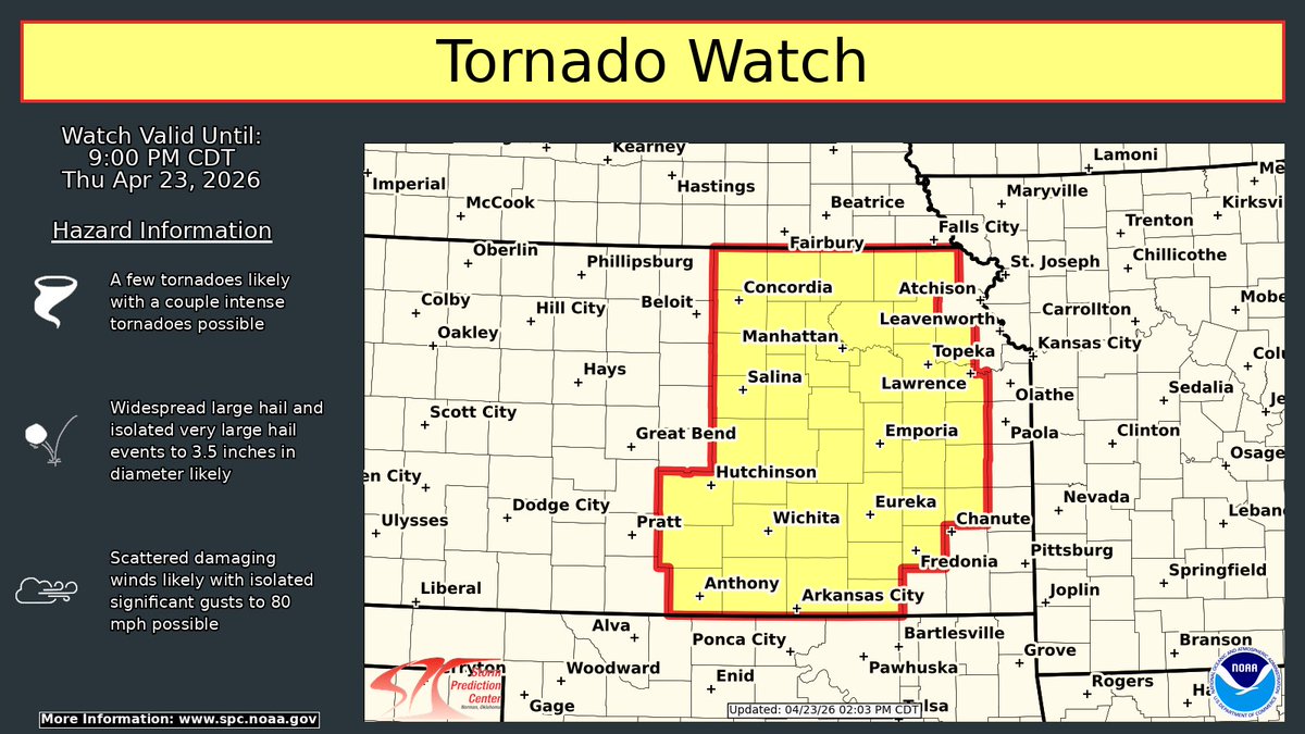 A Tornado Watch is in effect until 9 PM CDT for central/eastern Kansas ...