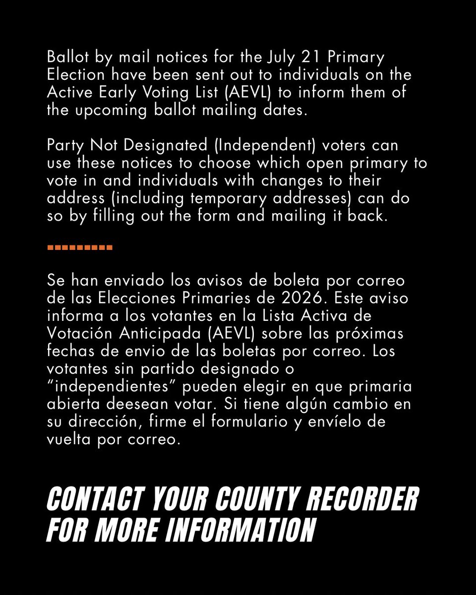 arizonadotvote's tweet photo. 📩Ballot by mail notices for the July 21 Primary Election have been sent out to individuals on the AEVL to inform them of the upcoming ballot mailing dates. https://t.co/jJKMKAK255