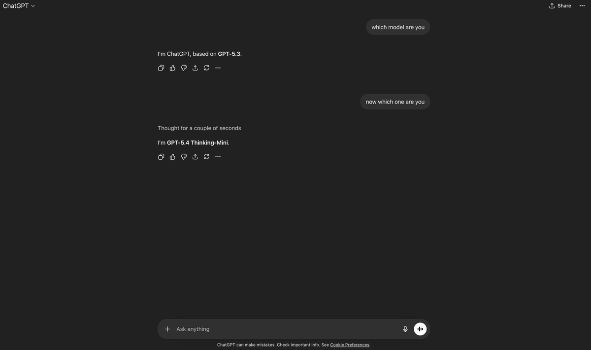 mavihsk's tweet image. So the base model that user with "Go" subscription get is 5.3.
and the thinking mode enables 5.4 mini.

they might bump these up 1 level after this long awaited "GPT 5.5" release though.
#openai #chatgpt