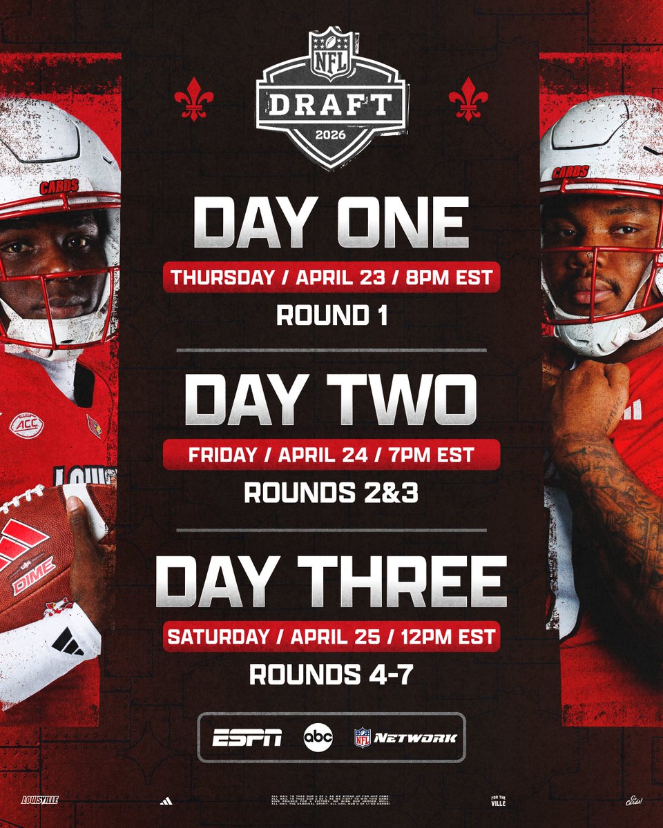 LouisvilleFB's tweet image. Draft Day 🗣️

Tune in to the 2026 #NFLDraft!

#GoCards
