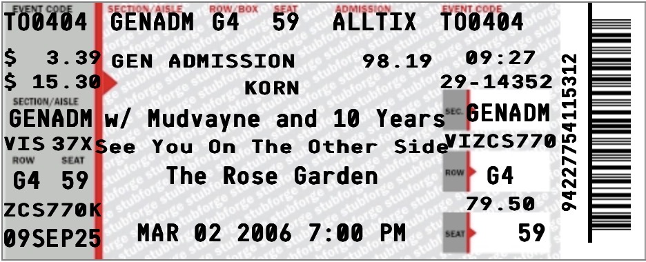Brasmi's tweet photo. Lifetime Concert Diary #33:  @Korn @Mudvayne
Date:  March 2, 2006
Venue:  Rose Garden, Portland OR
Album Cycle:  See You On The Other Side; Lost And Found
Other Artists:  Ten Years
Theater Of The Clouds is a specific configuration at the Rose Garden using large curtains to create a more intimate, "theater-like" acoustic environment for roughly 3,000 to 6,500 fans.

#ConcertMemories
#ThrowbackThursday