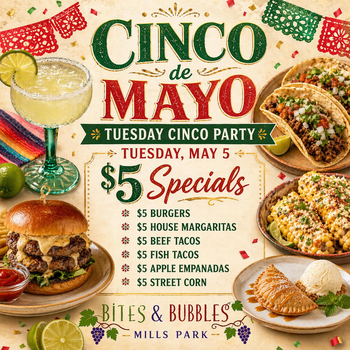 ChefEddieN's tweet photo. Cinco de Mayo lands on a Tuesday, and we’re making it a party at Bites &amp; Bubbles. 🌮🍹🔥
Join us Tuesday, May 5 for our Tuesday Cinco Party with:
$5 burgers
$5 house margaritas
$5 beef tacos
$5 fish tacos
$5 apple empanadas
$5 street corn
Get the details: https://t.co/GWgdILuped https://t.co/c4WdI3kluS