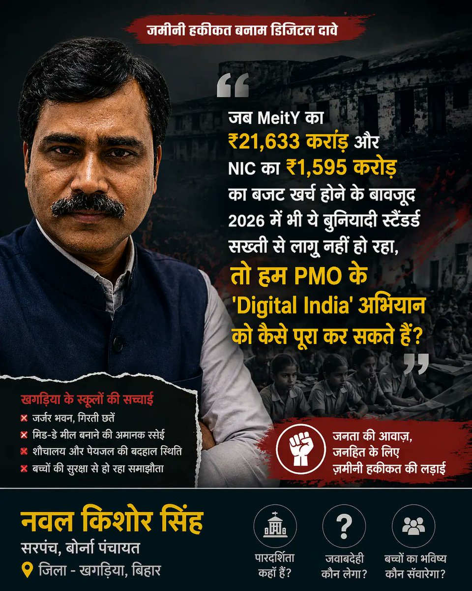 nksingh_in's tweet image. ₹21,633 करोड़ + ₹1,595 करोड़…

फिर भी 2026 में बुनियादी डिजिटल सिस्टम लागू नहीं?

ये सवाल सिर्फ खगड़िया का नहीं है…
ये पूरे सिस्टम की सच्चाई है।
अब जवाब कौन देगा?
#DigitalIndia #MeitY #NIC #Accountability #Bihar
