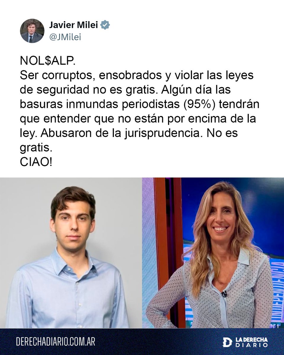 🚨🇦🇷 | #URGENTE El presidente Javier Milei destruyó a Luciana Geuna y Nacho Salerno tras ser denunciados por Casa Militar por hacer espionaje en Casa Rosada: "NOL$SALP. Ser corruptos, ensobrados y violar las leyes de seguridad no es gratis. No están por encima de la ley. CIAO!".