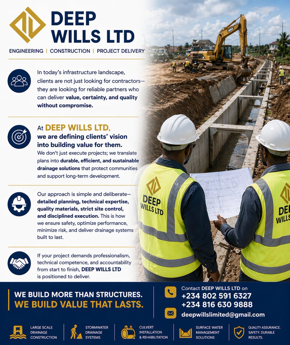 BelovedWillls_1's tweet image. At DEEP WILLS LTD, we are committed and dedicated to our client projects.
A trial will convince call on us via;
deepwillslimited@gmail.com 
+2348025916327, +2348166309888

#construction
#engineering #solarsysteminstallation
#projectmanagement
#consultingservices 
#DEEPWILLSLTD