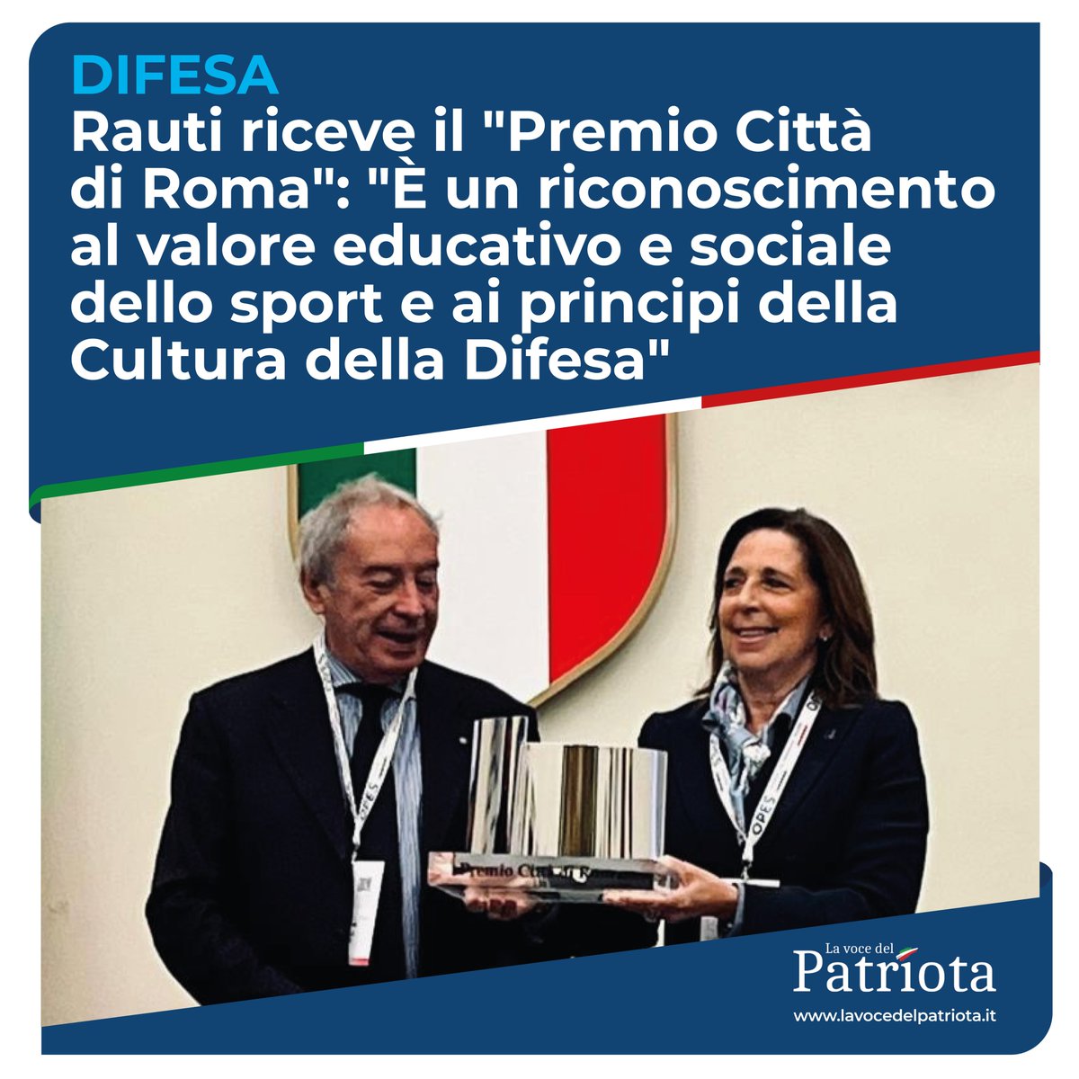 isabellarauti's tweet photo. Difesa, Rauti riceve il "Premio Città di Roma": "È un riconoscimento al valore educativo e sociale dello sport e ai principi della Cultura della Difesa" - @vocedelpatriota
⬇️
https://t.co/NmppoF0OM5
#PremioCittàdiRoma #Roma #OPES #NatalediRoma #Sport #GSPD #CulturadellaDifesa
@GuidoCrosetto @SM_Difesa @MinisteroDifesa @Esercito @ItalianAirForce @ItalianNavy @_Carabinieri_ @opesitalia @Coninews @CIPnotizie @JuriMorico @Viminale @MASE_IT @SportGoverno