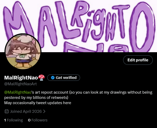 My media tab is a mess and I retweet constantly so I made a new account named <a href="/MalRightNaoArt/">MalRightNao🍄</a> to have all my art easily accessible. Feel free to follow it! I might also post some updates on merch/etc on it from time to time