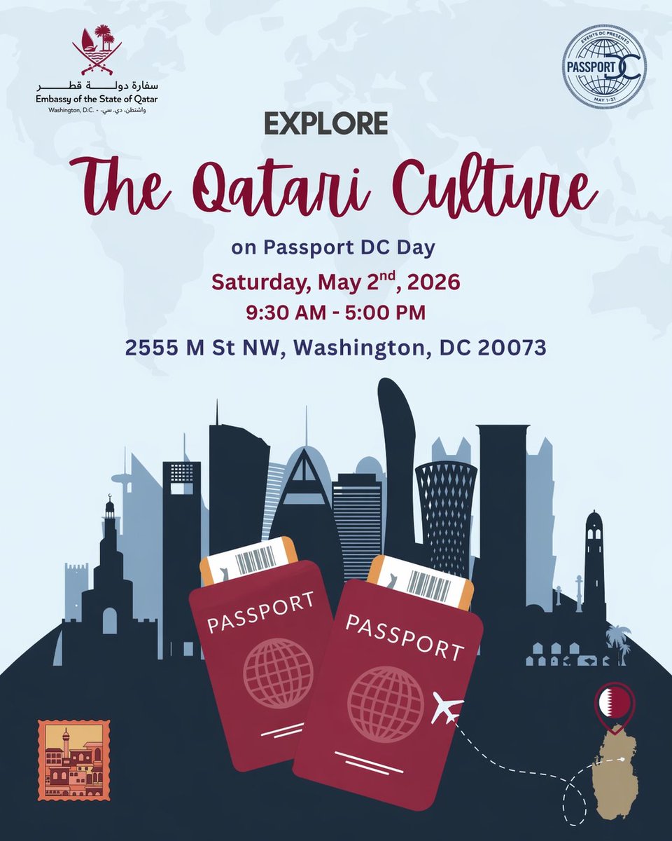 QatarEmbassy_US's tweet photo. Join us for our Open Embassy Day during Passport DC to explore Qatari food, music, clothing, and more. Visit us at 2555 M St NW, Washington, DC 20037, on Saturday, May 2, 2026, from 9:30 a.m. to 5:00 p.m. We look forward to welcoming you! https://t.co/jQcKGOOMAs