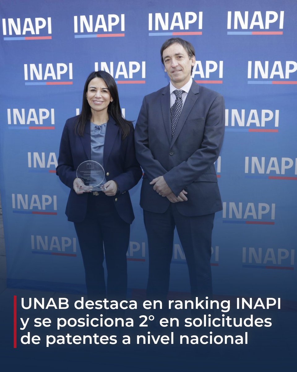 uandresbello's tweet photo. 🏆 La Universidad Andrés Bello ha sido reconocida por el Instituto Nacional de Propiedad Industrial (INAPI) como uno de los principales solicitantes nacionales de patentes en Chile.

En el marco del Día Mundial de la Propiedad Intelectual, nuestra institución obtuvo el 2° lugar a nivel nacional en el ranking de solicitantes de patentes.

Este logro considera tanto las presentaciones realizadas en Chile como aquellas solicitudes ingresadas a través del Tratado de Cooperación en materia de Patentes (PCT).

Este reconocimiento reafirma nuestro compromiso con la innovación, la protección de las ideas y la generación de conocimiento con impacto real para la sociedad. 🇨🇱✨

#SomosUNAB