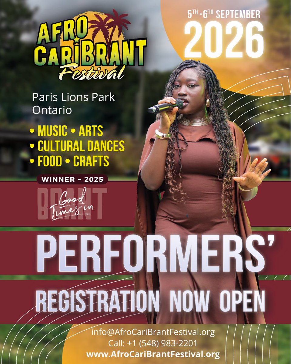 AfroCariBrant's tweet photo. Calling All Performers!
Are you ready to bring your talent to the stage at AFRO-CARIBRANT Festival 2026 in the beautiful County of Brant?
Festival Dates:
September 5 &amp; 6, 2026
Location:
Paris Lions Park, 60 Laurel St. Paris, ON
How to Apply
Visit https://t.co/FXITGla9VA https://t.co/1On9SAy82L