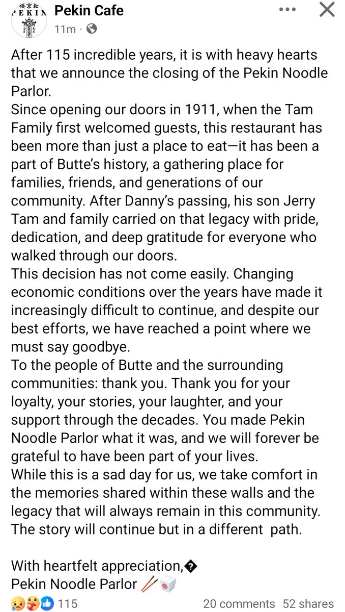 BREAKING: Pekin Noodle Parlor in Uptown Butte is closing

It's a James Beard Award Winning restaurant and the oldest continuously operating Chinese restaurant in the US #mtnews