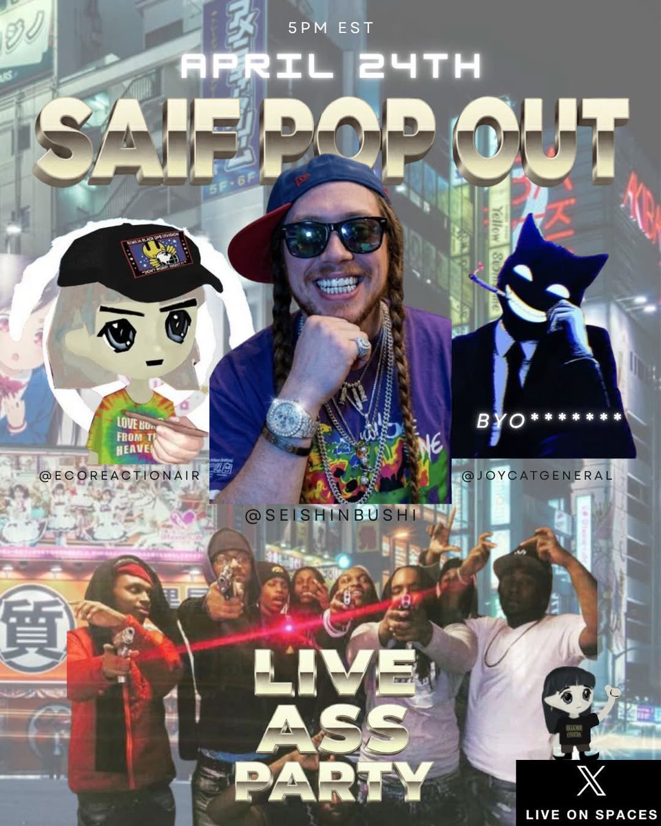 joycatgeneral's tweet image. THE FIRST SAIF SPACE

SAIF x BASHIR @SeiShinBushi INTERVIEW

LIVE ON HERE TOMORROW 

THIS FOR ALL THE MUSLIMBROS AND SAIFBROS WHO SHOWED LOVE TO THE BOY

PULL UP TO GET A CHANCE TO SPEAK WITH BASH!

If you’re an opp pull up too 😈

#fishtank #fishtanklive #StaySAIF