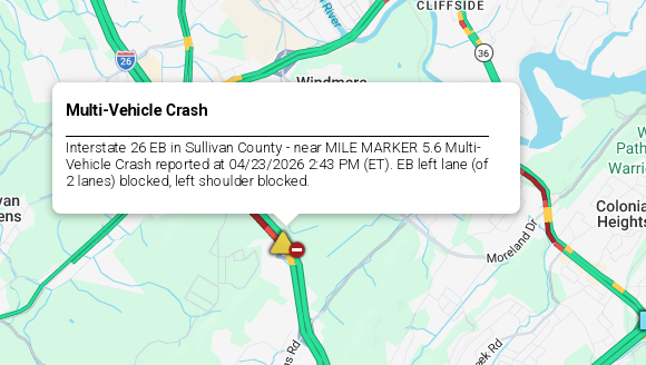 LiveTraffic2's tweet image. Sullivan County/Kingsport Area- A crash being cleared on I-26 eastbound at 5 mm 3:36pm ET. commanderchuck.net #CommanderChuck #Knoxville #Tennessee #TDOT #Traffic #TrafficAlert #Follow #Weather