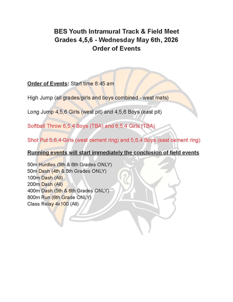 BES273's tweet photo. Info/order of events for our 4th/5th/6th grade intramural track meet taking place on Wednesday, May 6th. This past week, students have been picking their events and are excited to compete!

 If your child has chosen High Jump as one of their individual events... https://t.co/VJzIa1ryPW