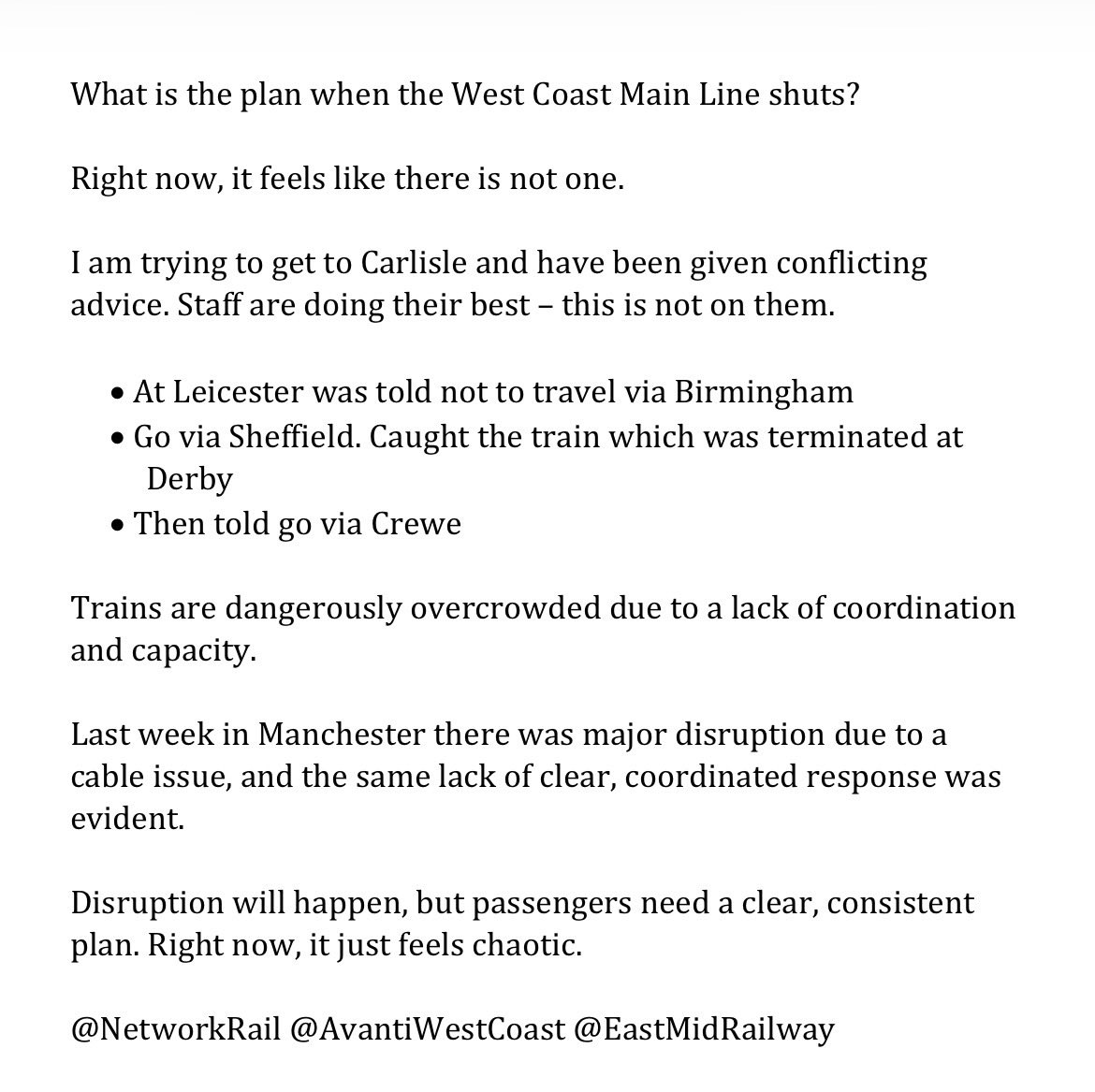 Vote4ChangeEng's tweet image. What is the plan when the West Coast Main Line shuts?

Right now it feels like there isn’t one.

Trains are dangerously overcrowded due to a lack of coordination and capacity.

@NetworkRail @AvantiWestCoast @EastMidRailway @AndyBurnhamGM 

#WestCoastMainLine 

#Trains #Plan
