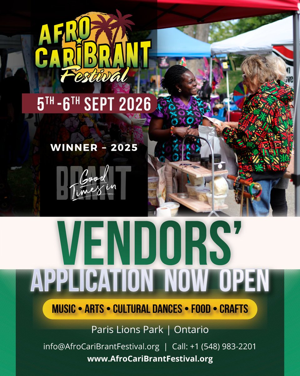AfroCariBrant's tweet photo. Join the 4th Annual Afro-CariBrant Festival
Sept 5–6, 2026 in the County of Brant!
Food • Fashion • Beauty • Artisans • Books • Kids • Home • Community/Nonprofit • Business Services

Early Bird spots open now
Apply: https://t.co/D6dk7VajUl
#vendors https://t.co/NRhDClXz0r