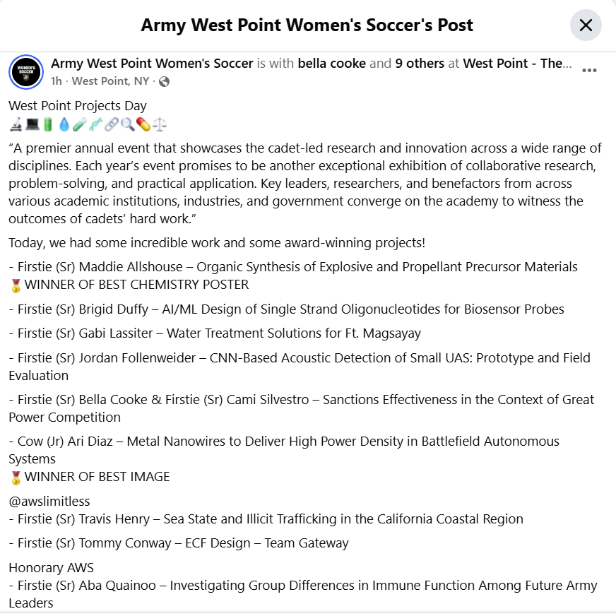 NikolaiBusko's tweet photo. This team just won a @PatriotLeague championship in November.

Among those pictured on the team's social media pages, Brigid Duffy . . . West Point's highest-profile multiple-sport female cadet-athlete of this generation.

#GoArmy
Images @ArmyWP_WSoccer https://t.co/Flz1WXzbIt