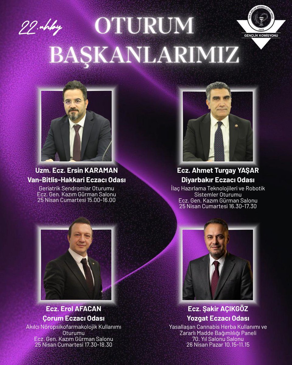 aeogk_'s tweet photo. 22.Ulusal Hasta Bilgilendirme Yarışması ve Eczacılık Zirvesi Bilimsel Programı kapsamında düzenlenecek oturumlarımızın başkanları!

Eskimeyen değerler, Eksilmeyen İzler!✨ https://t.co/m708sl2Raf