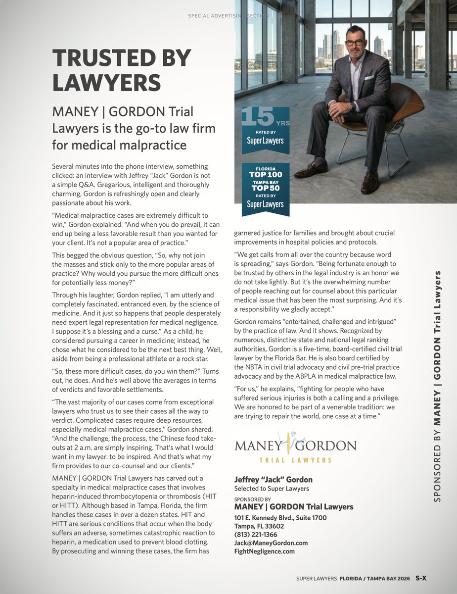 FightNegligence's tweet photo. 👏 Jeffrey "Jack" Gordon celebrates 15 years as a Superlawyer.
.
.
.
.
#superlawyers #jackgordon #thetriallawfirmtrustedbylawyers #maneygordon #maneygordontriallawyers #medicalmalpractice #personalinjury #tampalawyer #fightnegligence #legal #tampalawfirm https://t.co/jya2SxXCS0