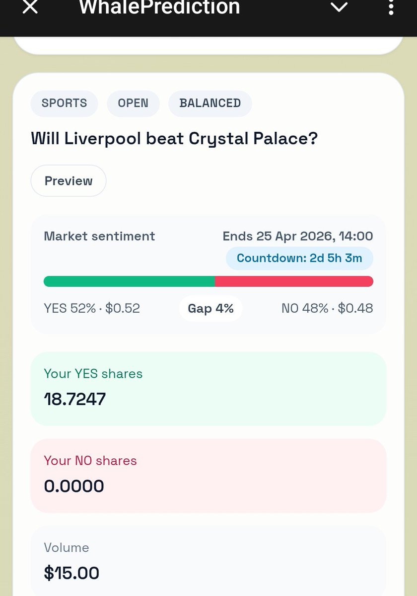 tonymoontanalfg's tweet image. This is why @WhaleMarketLabs will be huge 

1ST TG PREDICTION MARKET BOT 👀⚽️

#predictionmarket #telegram #bots #ai