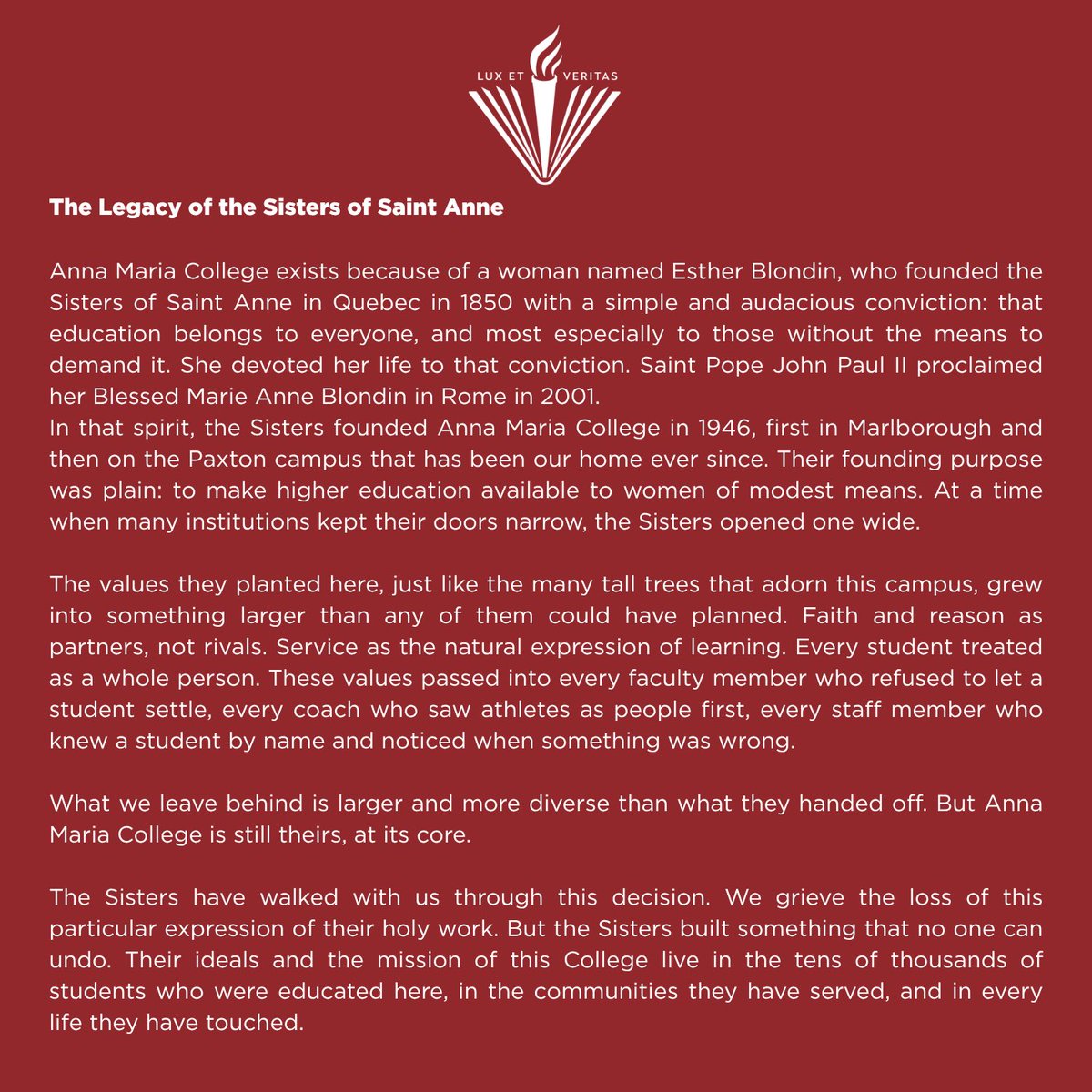 Anna Maria College will cease academic operations at the end of our Spring 2026 Semester.