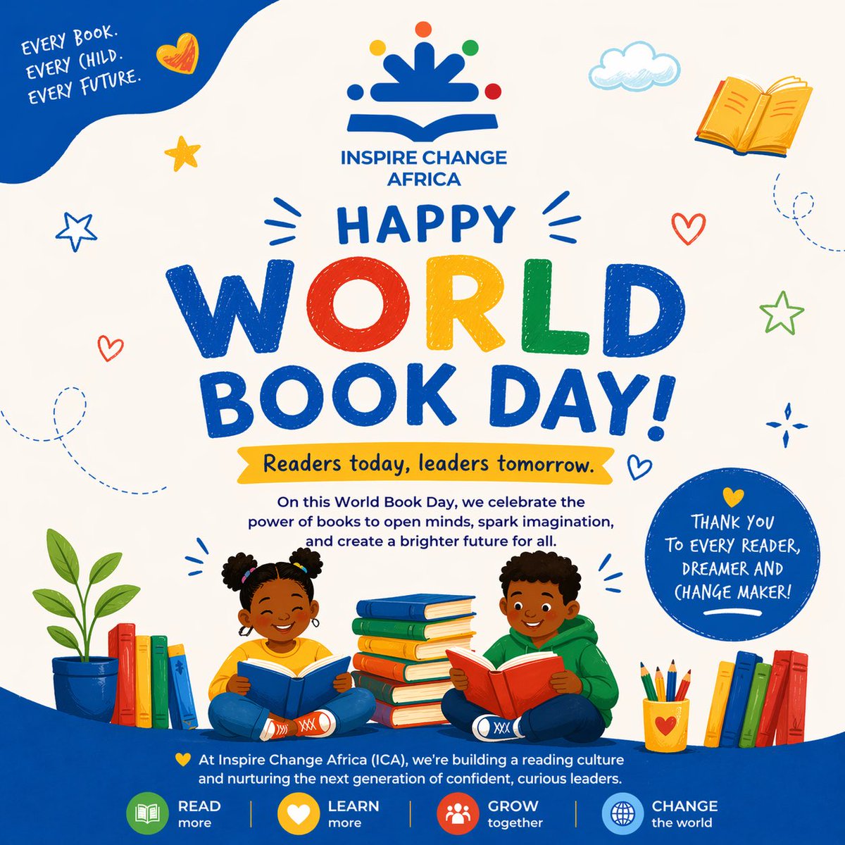 InspireChangeF's tweet photo. On #WorldBookDay 📚 we celebrate the transformative power of #Reading to open minds, spark imagination, and unlock human potential.

At ICA, we believe books are more than tools for learning, they are a foundation for confidence, curiosity, and lifelong learning. https://t.co/uVw9vtI4qC
