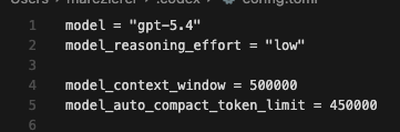 marczierer's tweet photo. @jasperdevs change in your config.toml file:

add these:
model_context_window = 1000000
model_auto_compact_token_limit = 950000 https://t.co/hS3qlZ6X3M
