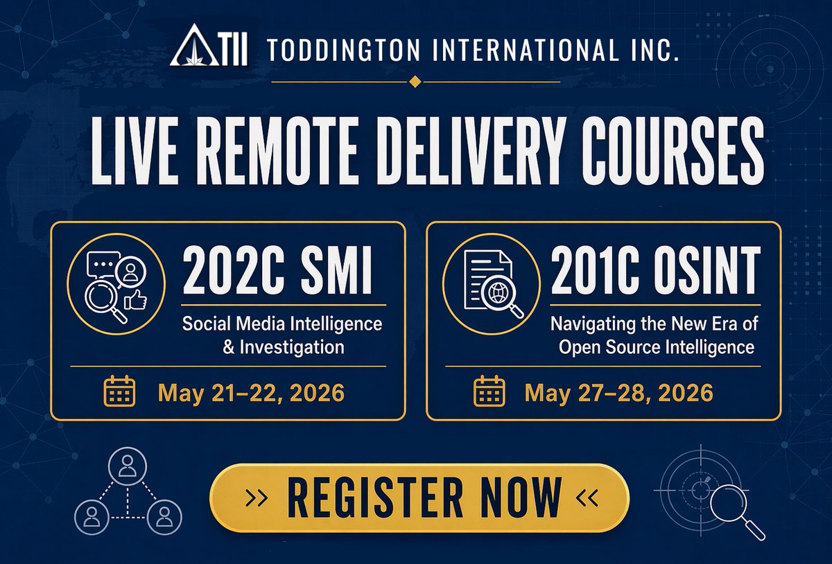 ToddingtonInt's tweet photo. 💻 Join us live online this May for 202C SMI and 201C OSINT with Toddington International. 

Taught by Carina McDonald and David Toddington. Limited seats available.

👉 Read more: https://t.co/Pb5NMGfh6O

#OSINT #SOCMINT #onlineInvestigations https://t.co/6thM7Vhyie