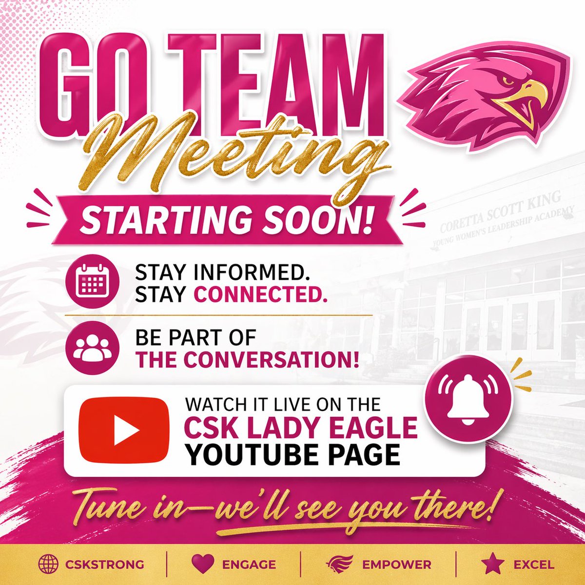 aps_cskywla's tweet image. 📢 GO Team Meeting starting soon!

🎥 Watch live on the CSK Lady Eagle YouTube page

Stay connected! 🦅
#CSKStrong #GOTeam