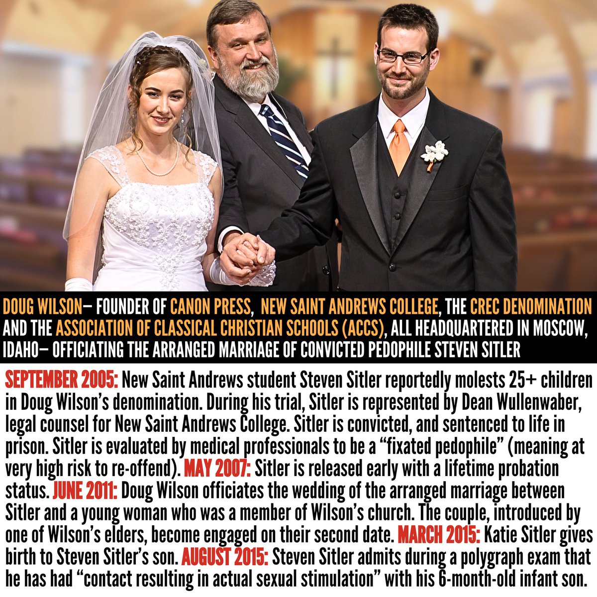 ExaminingMoscow's tweet photo. It’s almost like, oh I don’t know, Doug should have known that officiating the arranged marriage of a fixated pedophile to a young woman in his church, then encouraging them to have children, would turn out badly. https://t.co/lsFbMwZztk