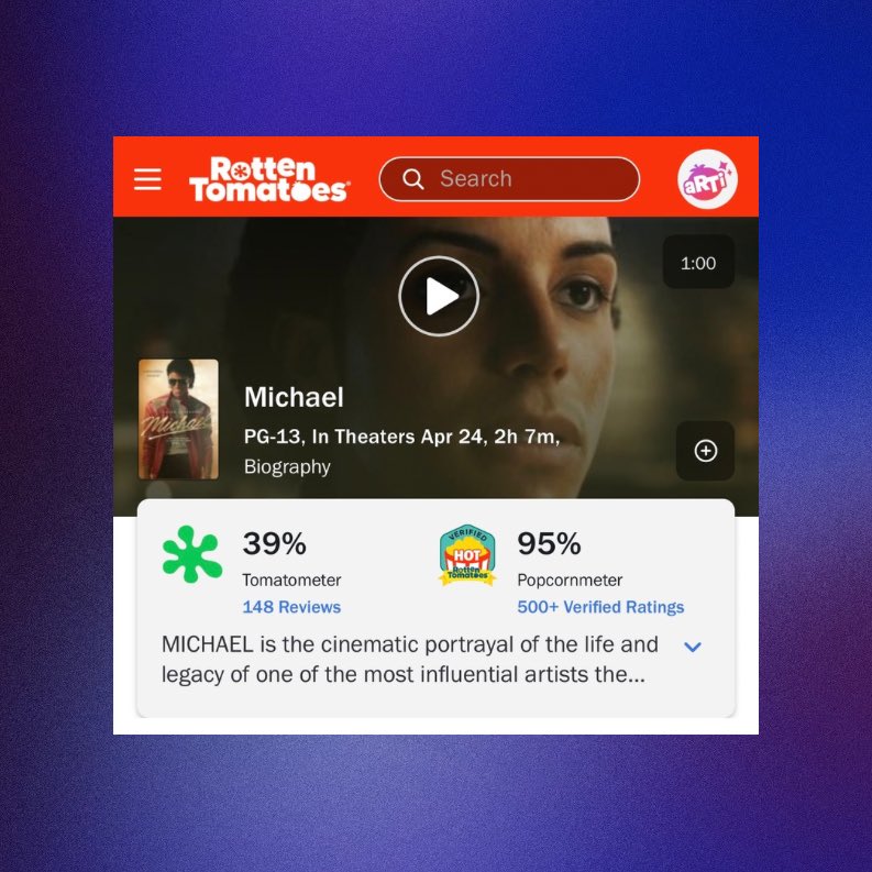 ‘MICHAEL’ is Verified Hot on Rotten Tomatoes with an audience score of 95%.