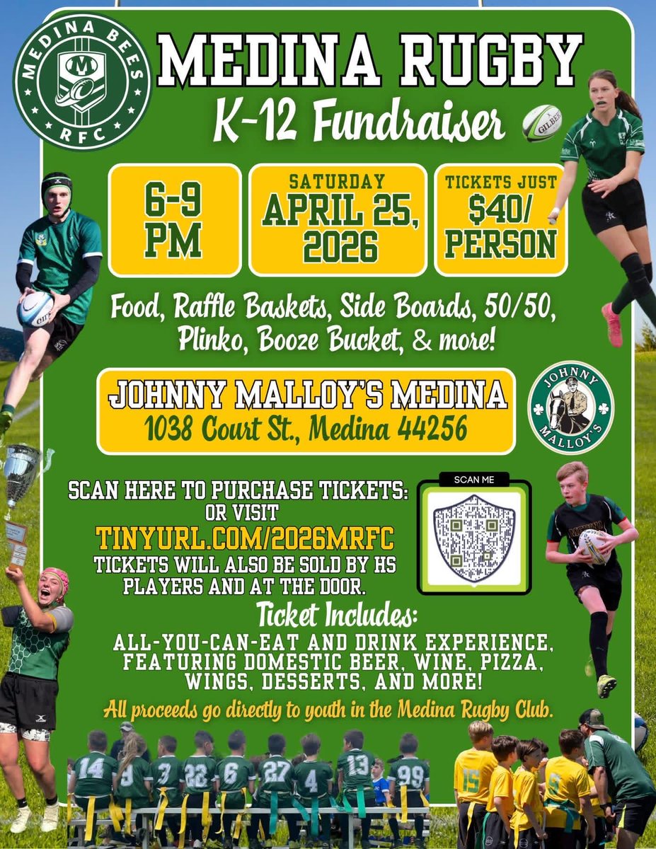 MedinaRugby's tweet photo. Medina Rugby Fundraiser is tonight!

Food | Raffles | 50/50 | Games

📅April 25th | 6:00 – 9:00 PM
 📍Johnny Malloy’s in Medina

Medina Rugby’s biggest fundraiser of the year. All proceeds go toward helping our K-12 rugby players! https://t.co/7rt11jgSNp