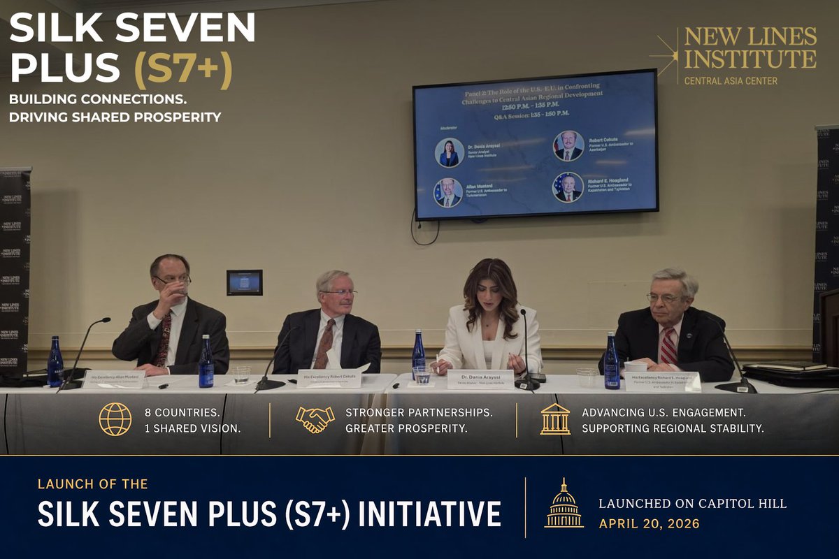 NewlinesInst's tweet image. 📰 [#PressRelease] New Lines Institute launched the Silk Seven Plus (S7+) Initiative on Capitol Hill, bringing together lawmakers, former ambassadors, academics, and policy leaders to advance a new vision for U.S. engagement with Central Asia.

The S7+ framework aims to