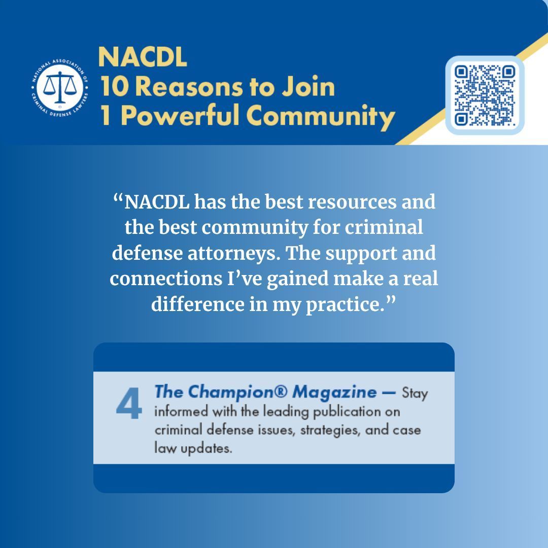 NACDL's tweet image. Did you know that The Champion magazine is a trusted resource through NACDL for expert insights and practical #criminaldefense strategies like trial tactics? Join NACDL today with our special promotion, code 'save25' for $25-off membership. #civilrights nacdl.org/Landing/JoinNow