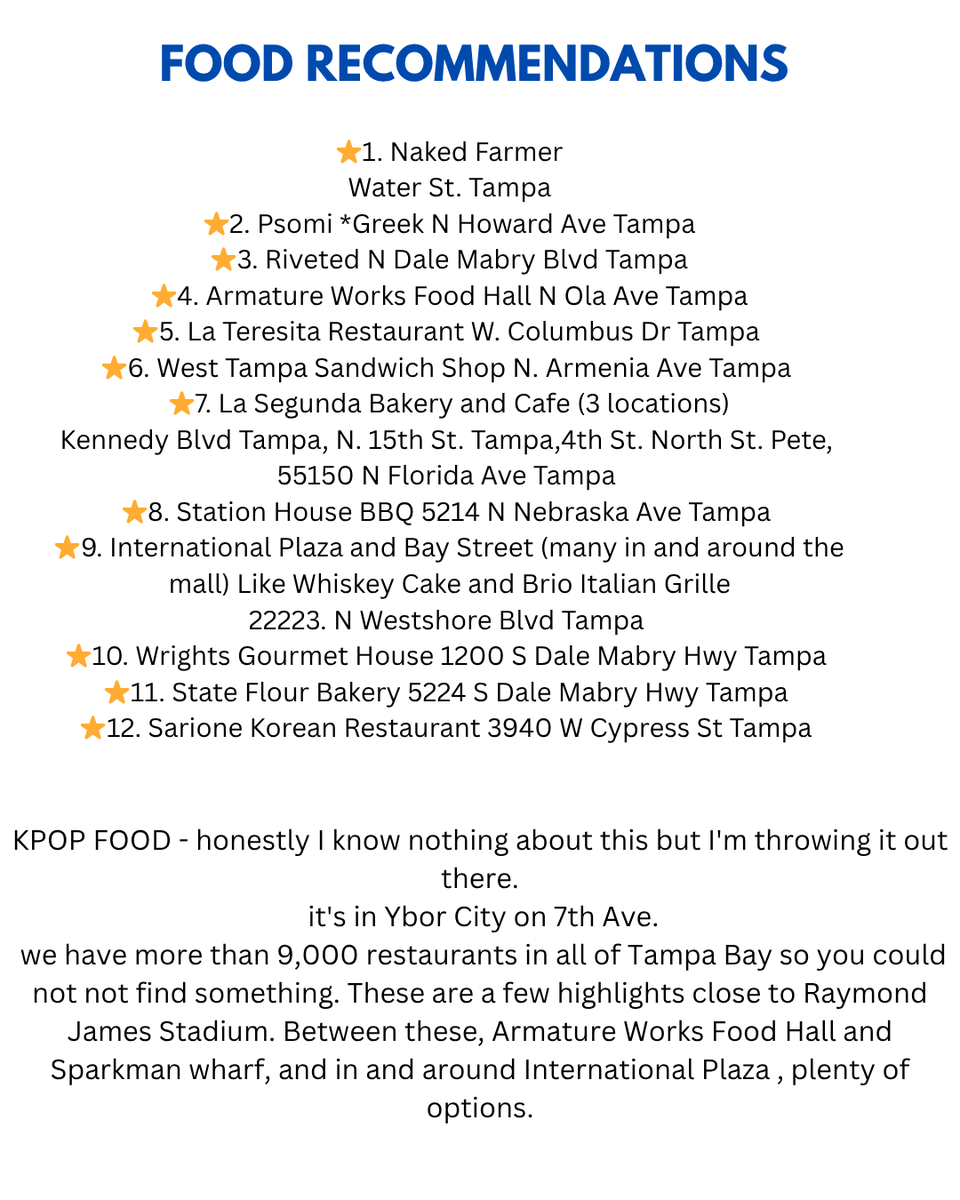 SalangBangtan7's tweet image. Post?? 7 I think of things to do in #Tampa Bay While visiting for #BTS_ARİRANG 
I wasn't going to do this one bc we have more than 9,000 restaurants. I've eaten at all but one of these. If you need any recs. It is literally my daytime job to tell people where to go😆