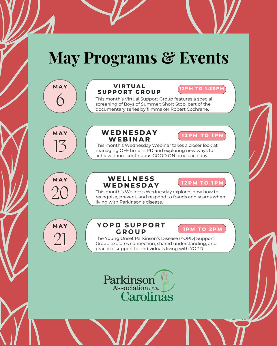 ParkinsonAssoc's tweet image. 📅 May PAC Programs: Films, webinars, support groups &amp;amp; wellness tips for Parkinson's 💙 Register: parkinsonassociation.org/events/ #ParkinsonsSupport #PDCommunity #WellnessWednesday #YOPD #CarePartners