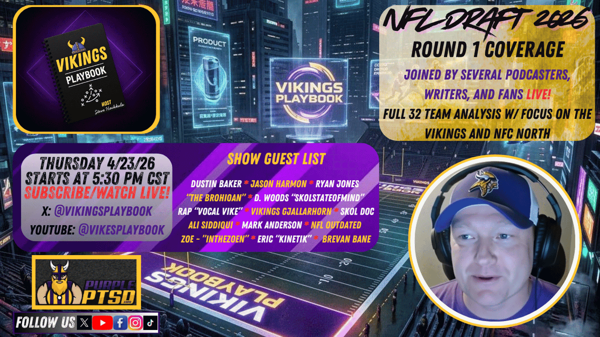 VikingsPlaybook's tweet photo. 🚨LIVE RD 1 **LOADED** NFL Draft Coverage

⏰5:30 PM CST  
@purplePTSD @vikingterritory @TheBrohioan @DustBaker  @JasonHarmonNFL @brevmanbane @SkolStateOfMind @VocalVike @Inthezoenpod @jone_z30 @asiddiqui15 @bldzpurple @Kinetik615 

#Vikings #SKOL Join 👇
https://t.co/IgeFCZt23S https://t.co/S0sUXN8HQF