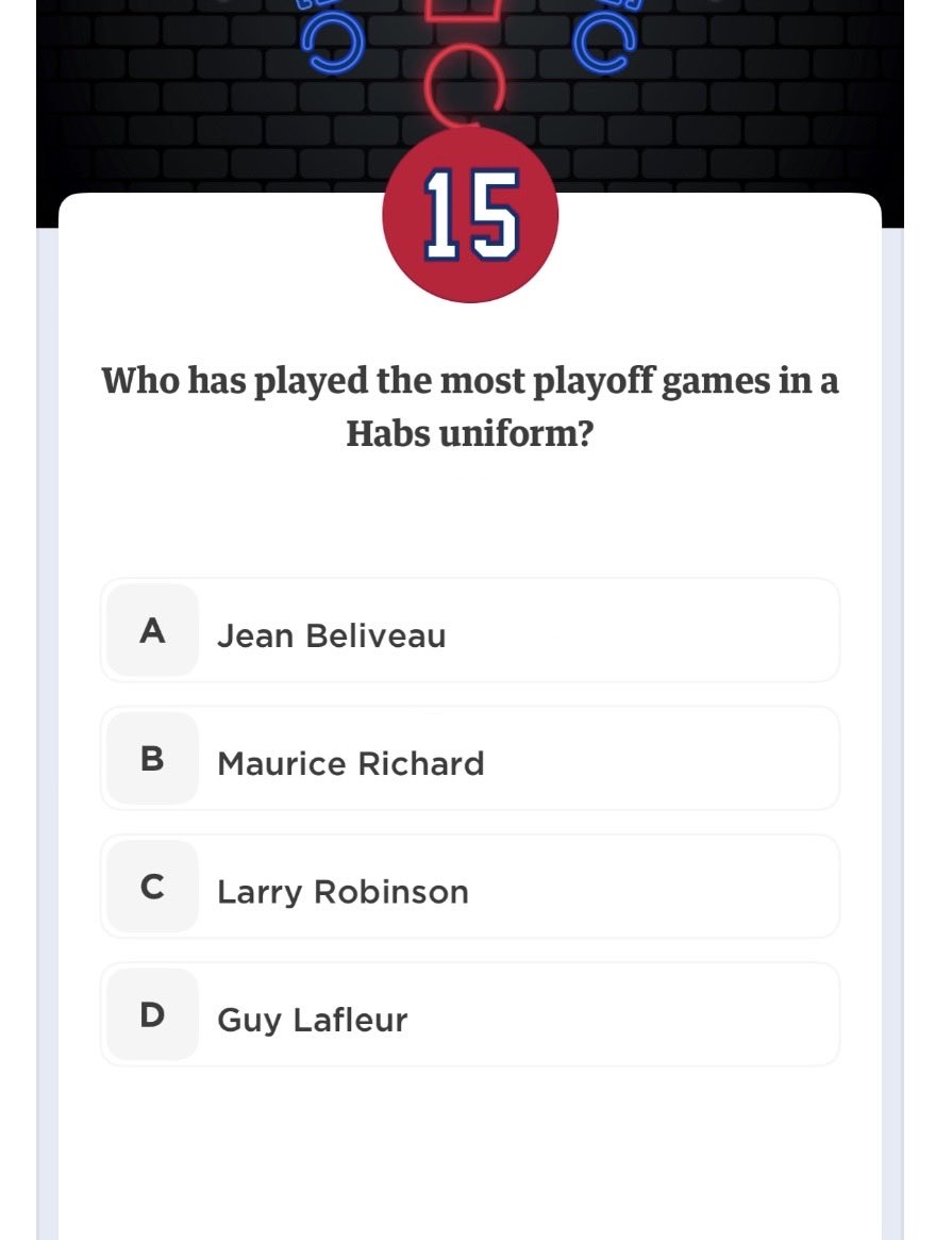 #GoHabsGo April 23 surprise question.  Found April 5.  Answer: C - Larry Robinson.  #HabsPlusCodes #Club1909Codes