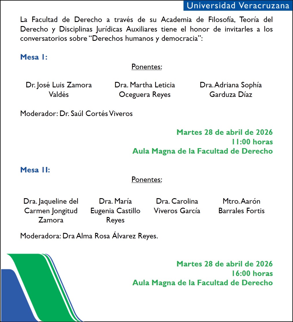 FacDerUV's tweet image. 📢 Conversatorios “Derechos humanos y democracia”
 
📷 28 abril 2026 
📷 Mesa I – 11:00 h 
📷Mesa II – 16:00 h 

Un espacio para dialogar sobre democracia y derechos humanos. 
#FacDerUV #FDX #UV