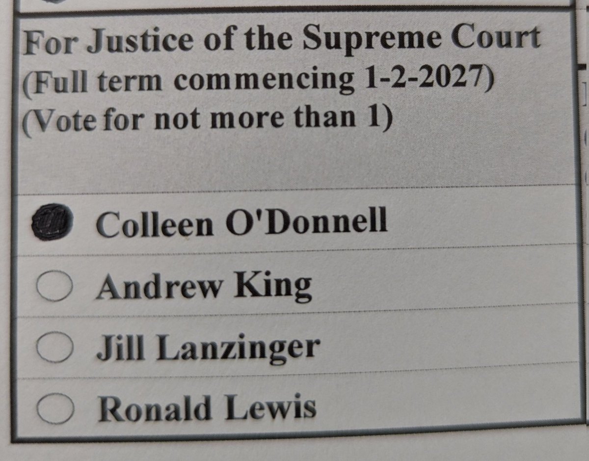 WeWillBeFree24's tweet photo. Who I voted for, for Ohio Supreme Court Justice and why. 

Colleen O'Donnell (R) ✅ 

• Constitutional Conservative 
• former immigration Judge
• never once granted asylum 
• strong record of ordering removal of illegals
• endorsed by Christian and Right to Life groups
• strong record for making strictly constitutional rulings

She is a strong Republican challenger for Justice Jennifer Brunner. The only Democrat on a 6-1 Republican majority Supreme Court. Brunner, a liberal political activist Judge, has reduced bail for murderers, she voted to withhold information from mismatched voter registrations, proposed a permanent commission on equity and inclusion, and is currently trying to remand partisan labels for Ohio Judges. 

Remember this in November, also.