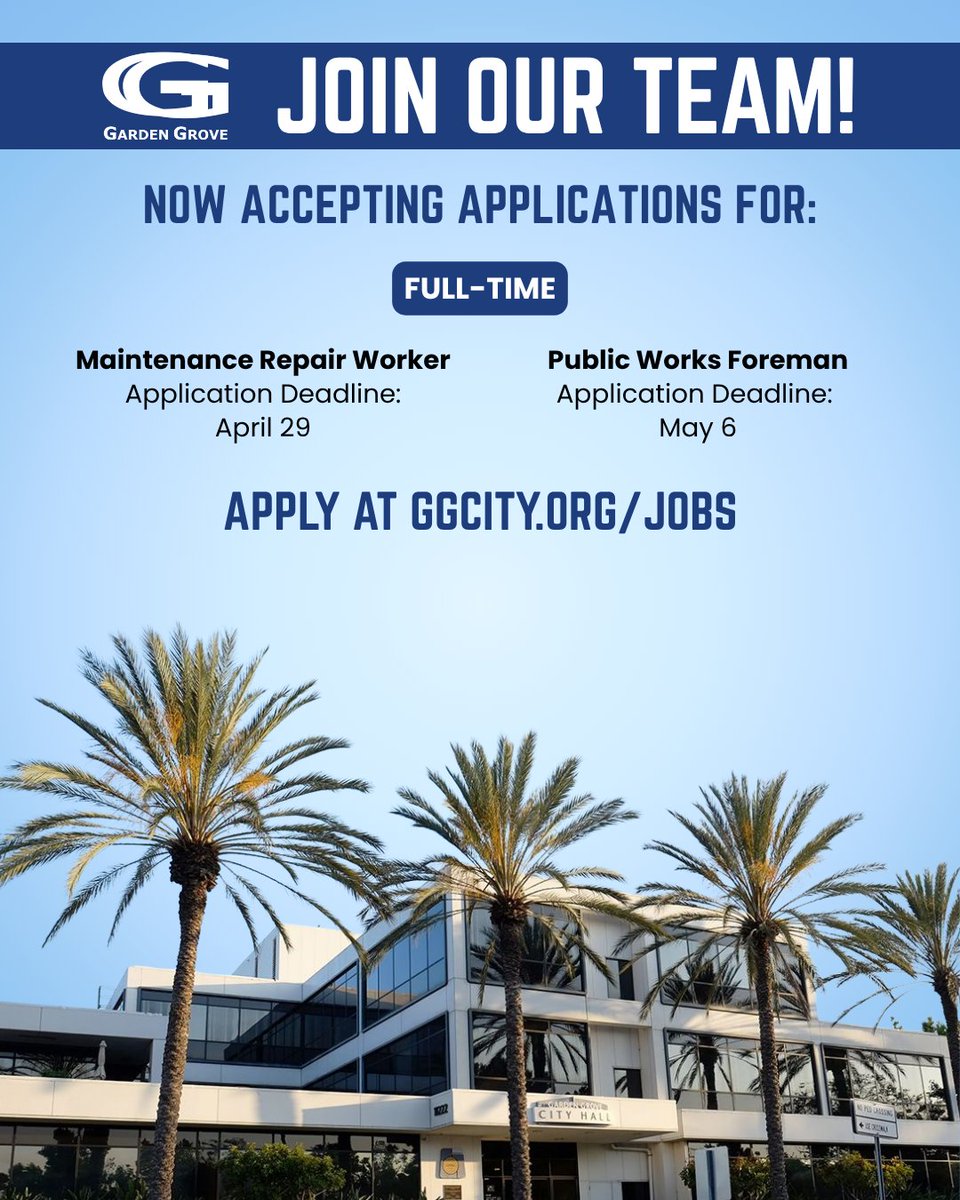 CityGardenGrove's tweet image. 𝐈𝐧𝐭𝐞𝐫𝐞𝐬𝐭𝐞𝐝 𝐢𝐧 𝐚 𝐜𝐚𝐫𝐞𝐞𝐫 𝐢𝐧 𝐭𝐡𝐞 𝐩𝐮𝐛𝐥𝐢𝐜 𝐬𝐞𝐜𝐭𝐨𝐫? We currently have 2 openings in our Public Works Department. 📋

Learn more &amp;amp; apply today at ggcity.org/jobs

#GG1956 #NewYearNewCareer #jobopportunity #jobopening #jobsearch #governmentjobs