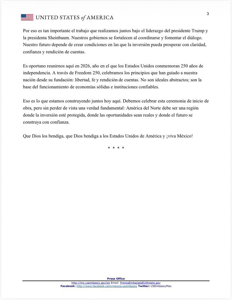 🇺🇸 MENSAJE DEL EMBAJADOR DE EU: SIN CERTEZA Y SIN CORRUPCIÓN, NO HAY INVERSIÓN

En la colocación de la primera piedra de Pacífico Mexinol en Sinaloa, <a href="/USAmbMex/">Embajador Ronald Johnson</a> el embajador Johnson subrayó que la inversión solo fluye donde hay certeza, seguridad y reglas claras. Advirtió que la