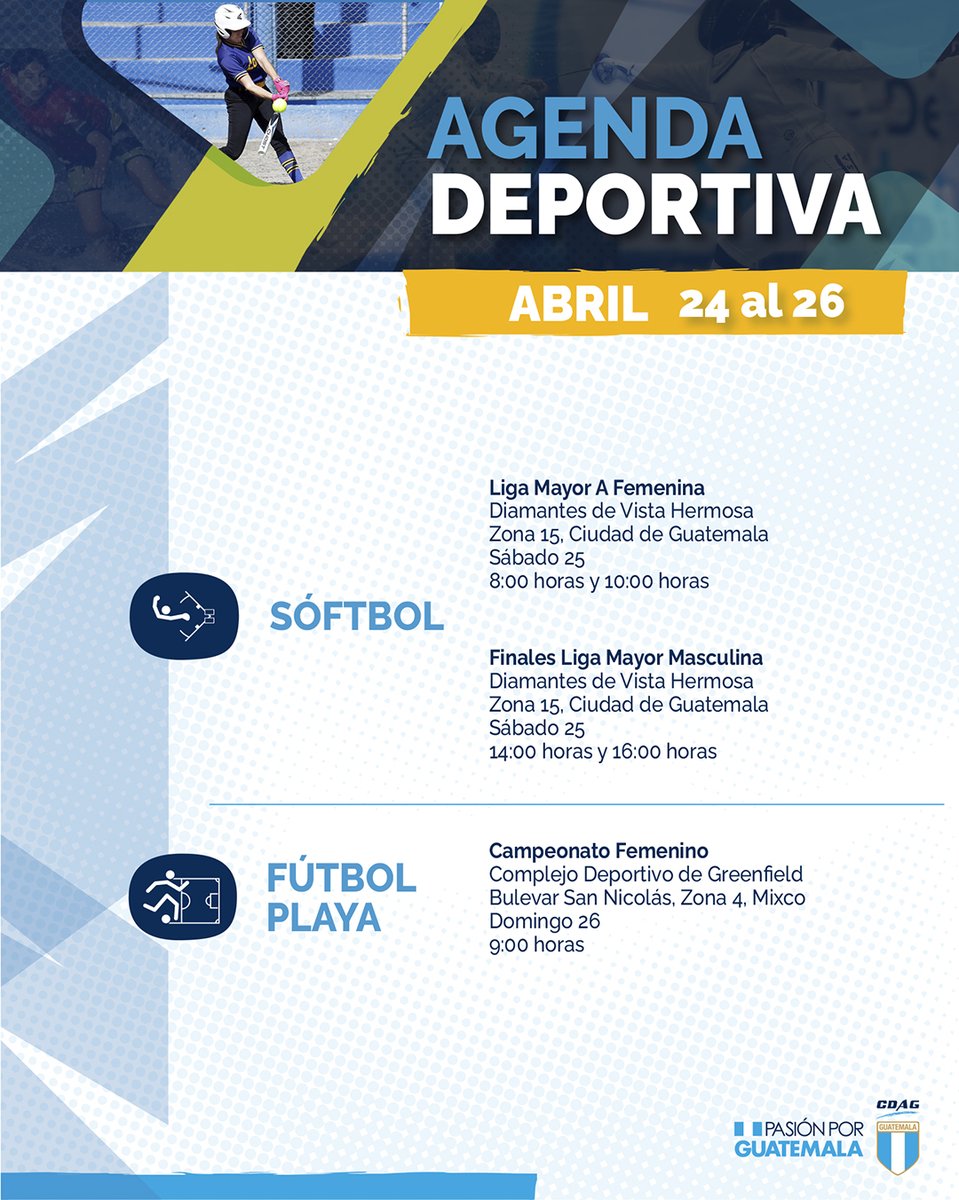 CDAG_Guatemala's tweet image. 📆💙 No te pierdas la agenda deportiva del fin de semana, disponible para que revises los eventos del deporte federado. 💪🇬🇹 2/2

#Guatemala #Deportes #Atleta #Agenda #AgendaDeportiva